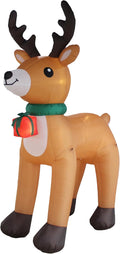Tall brown reindeer inflatable with dark antlers, a green scarf and a red gift box