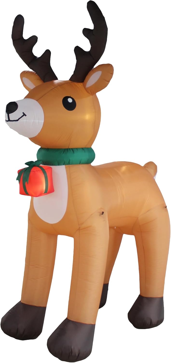 Tall brown reindeer inflatable with dark antlers, a green scarf and a red gift box