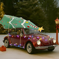 Green Christmas tree inflatable with a gold star strapped to the roof of a red vintage car with string lights
