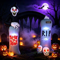 Grim reaper Halloween arch inflatable with Trick or Treat and RIP tombstones and skulls at night