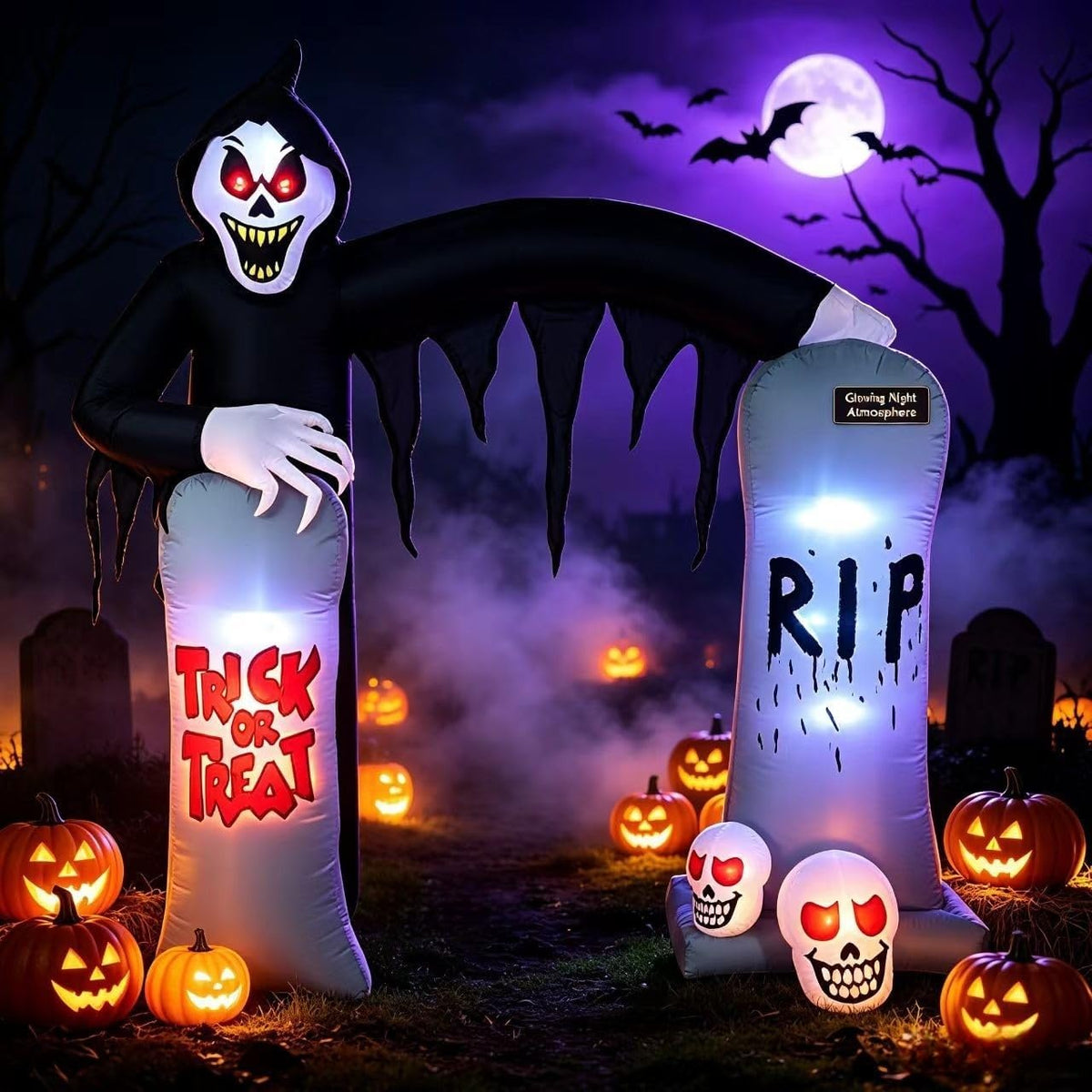 Grim reaper Halloween arch inflatable with Trick or Treat and RIP tombstones and skulls at night
