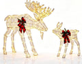 Two lighted warm white reindeer, a large one and a small one, with plaid bows