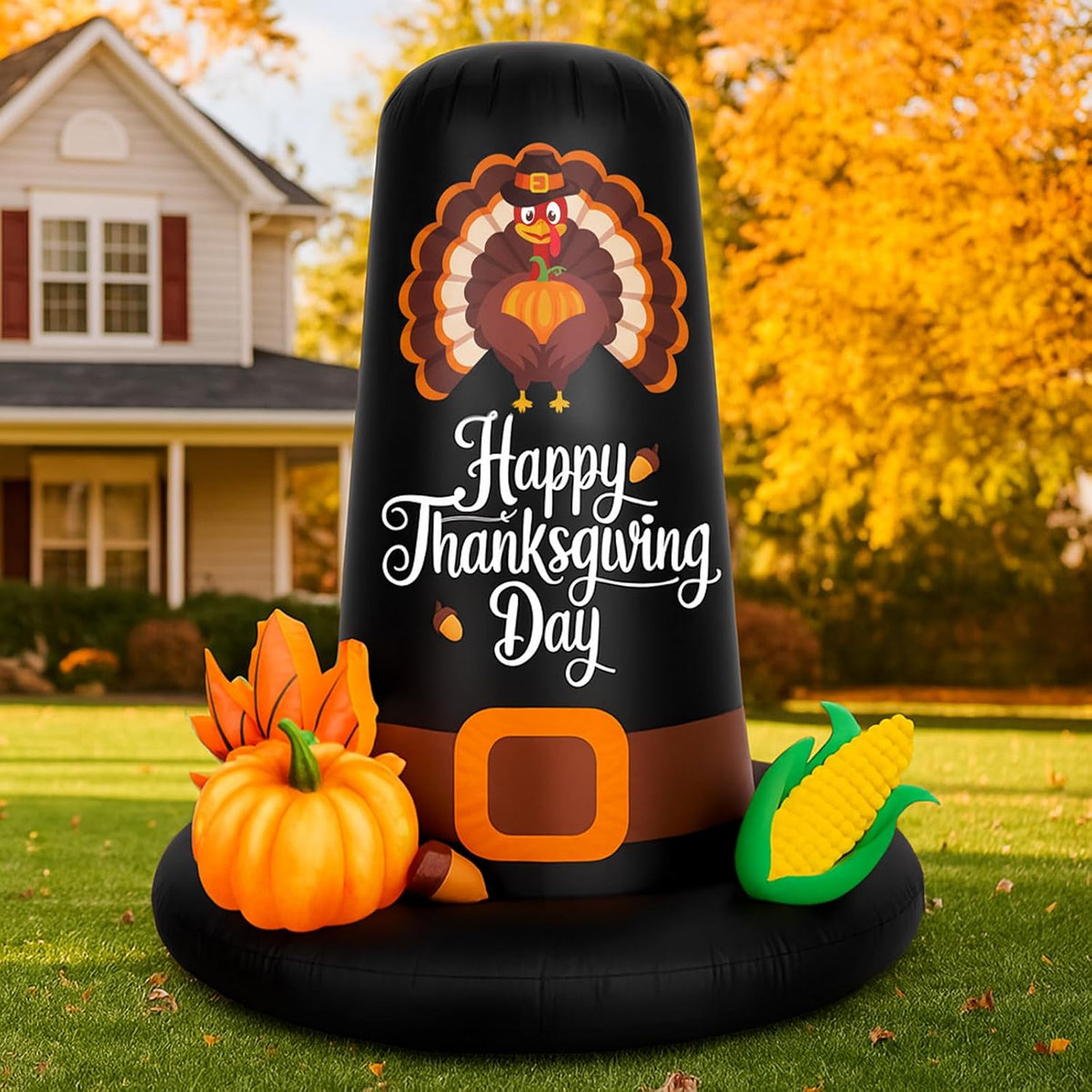 Giant black pilgrim hat inflatable reading Happy Thanksgiving Day with pumpkins and corn on a fall lawn
