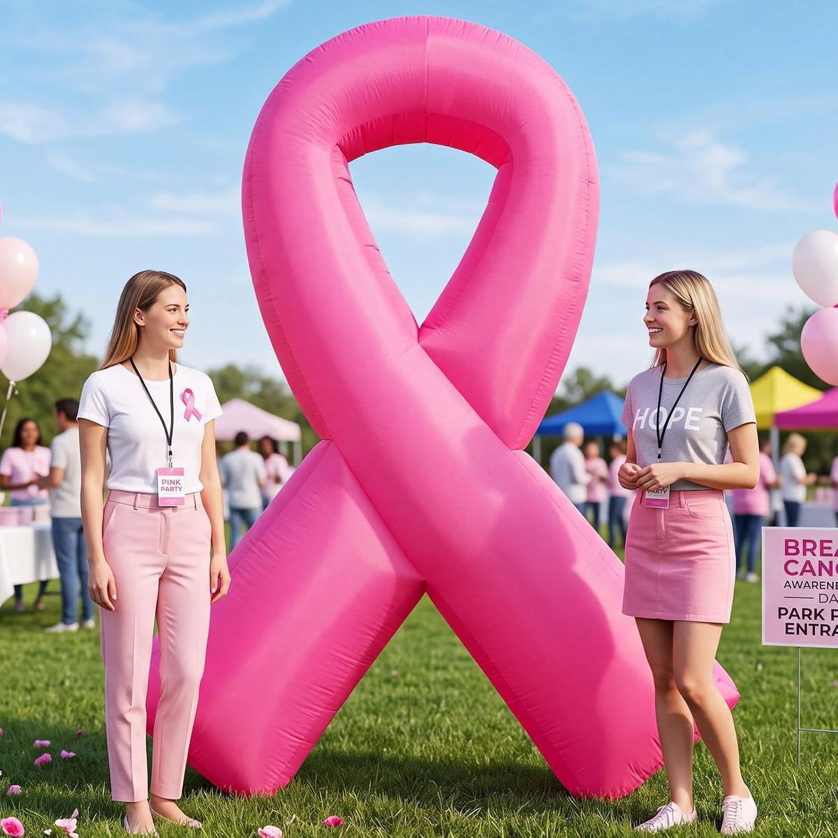 Giant pink ribbon inflatable at an outdoor awareness event with two women beside it