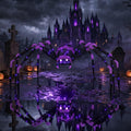 Giant black spider with purple-lit legs in front of a dark castle scene