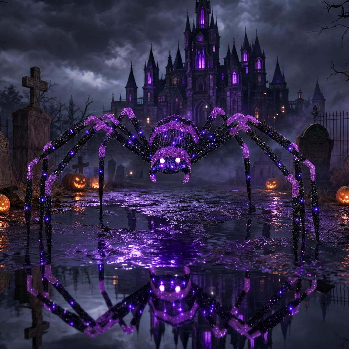 Giant black spider with purple-lit legs in front of a dark castle scene