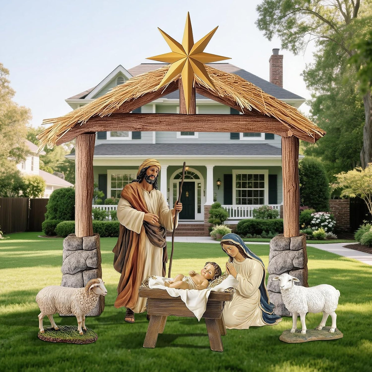 Outdoor nativity set with a wooden stable and gold star, Joseph, Mary, the manger and two sheep on a lawn