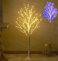 Slim white birch tree with warm white fairy lights and an inset showing the multicolor mode