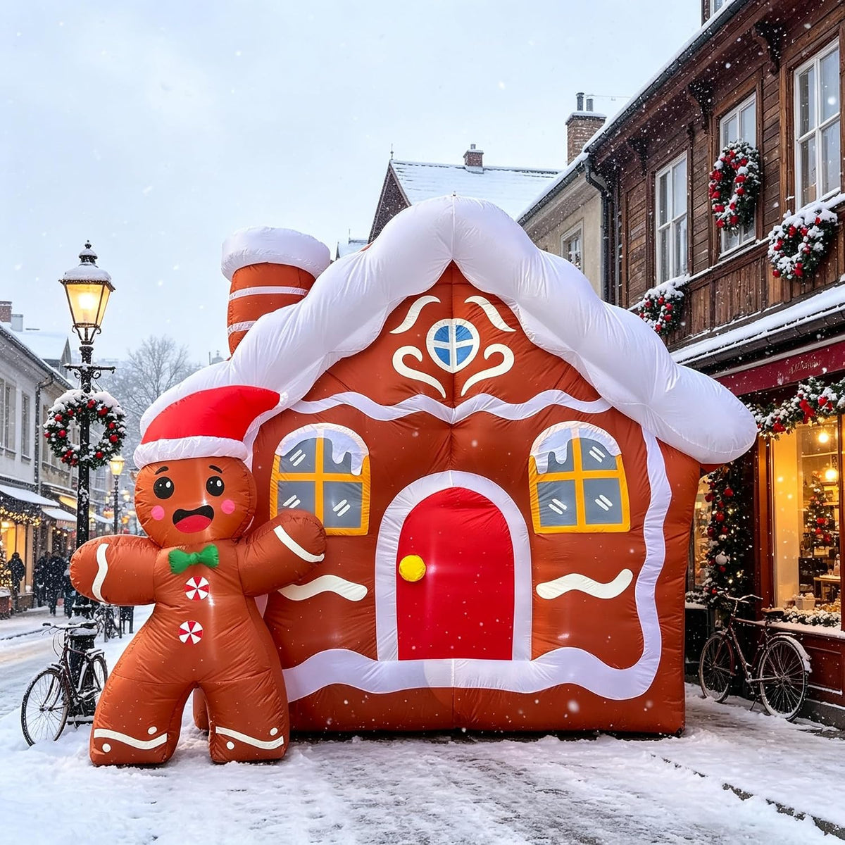 Giant gingerbread house inflatable with a red door and a waving gingerbread man on a snowy street