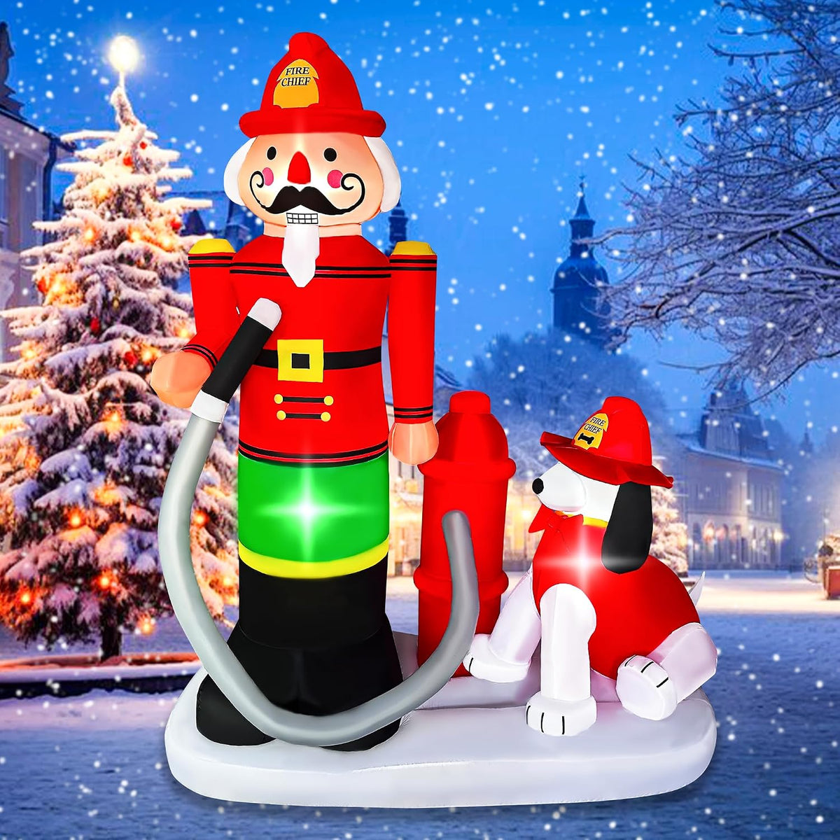 Firefighter nutcracker inflatable holding a hose beside a red hydrant and a dalmatian in a fire hat in the snow