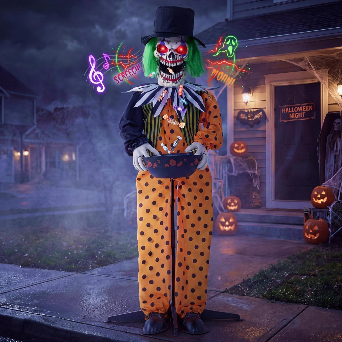 Creepy clown prop in a polka-dot suit and top hat holding a candy bowl on a foggy porch