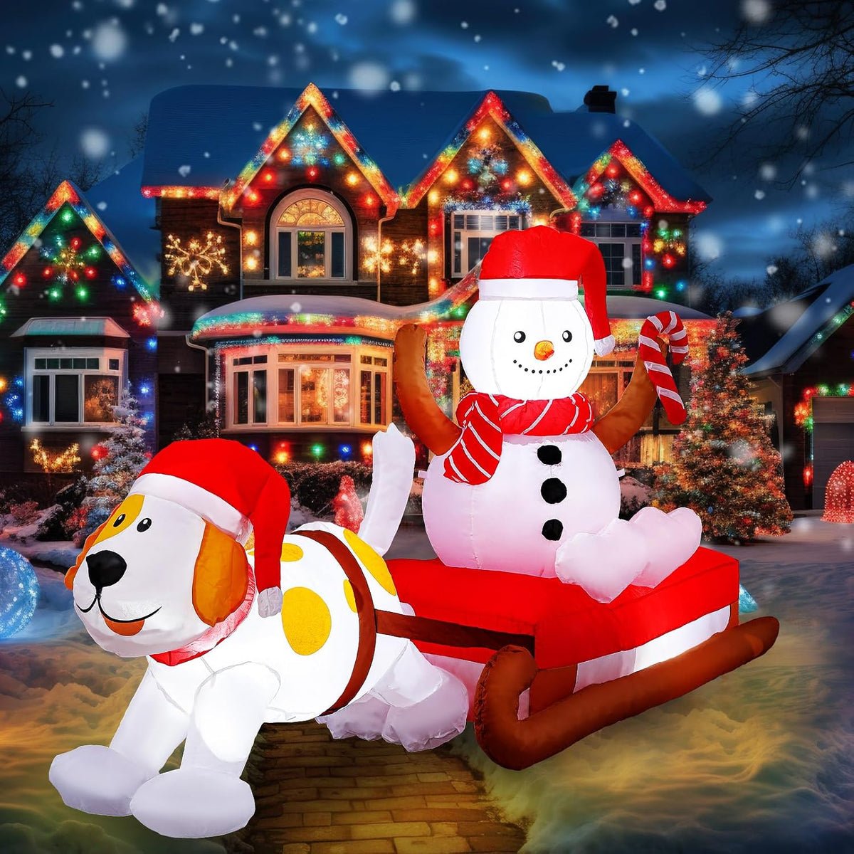 Snowman in a Santa hat on a red sleigh pulled by a white puppy inflatable in front of a lit house