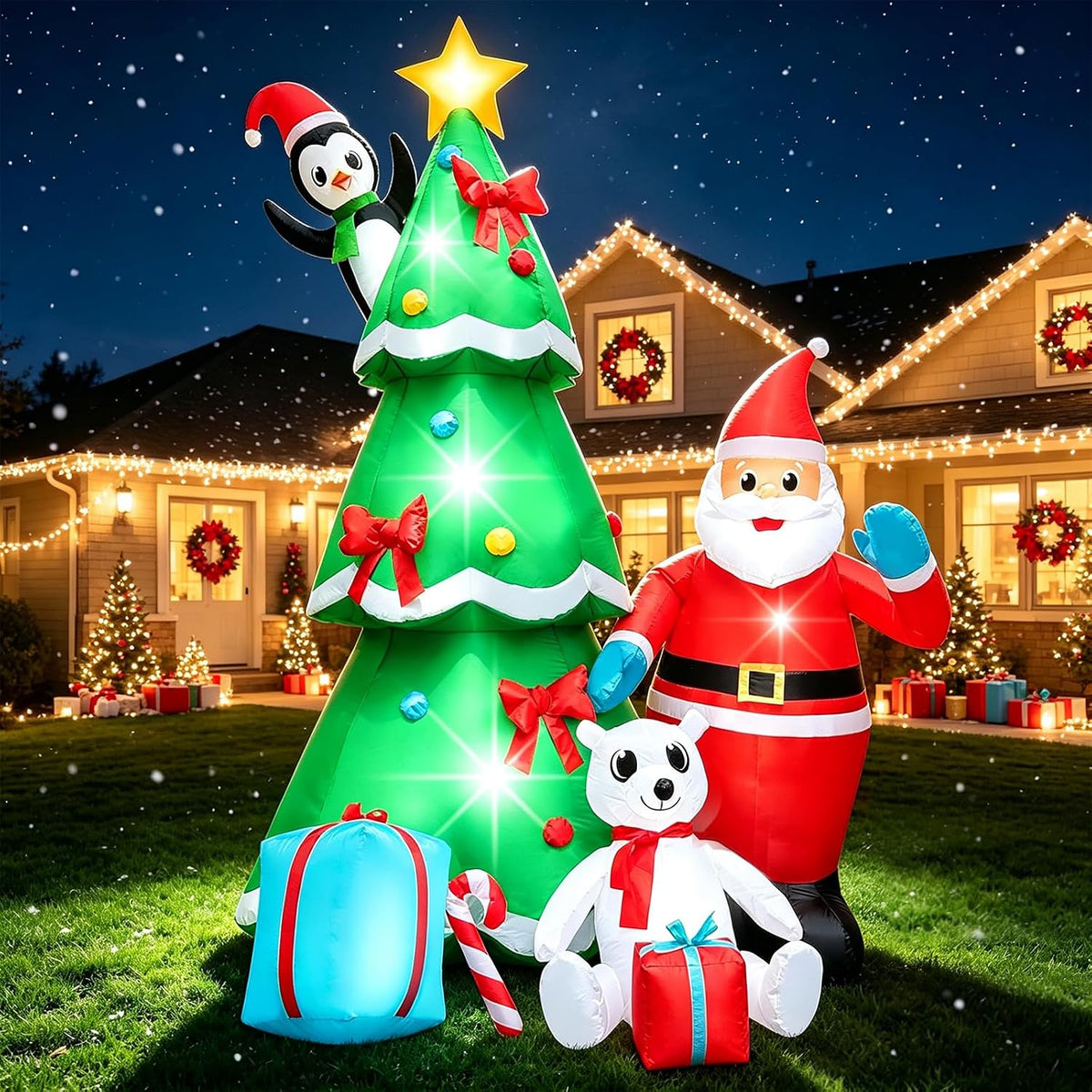 10 ft Christmas Tree with Santa, Penguin and Polar Bear Inflatable