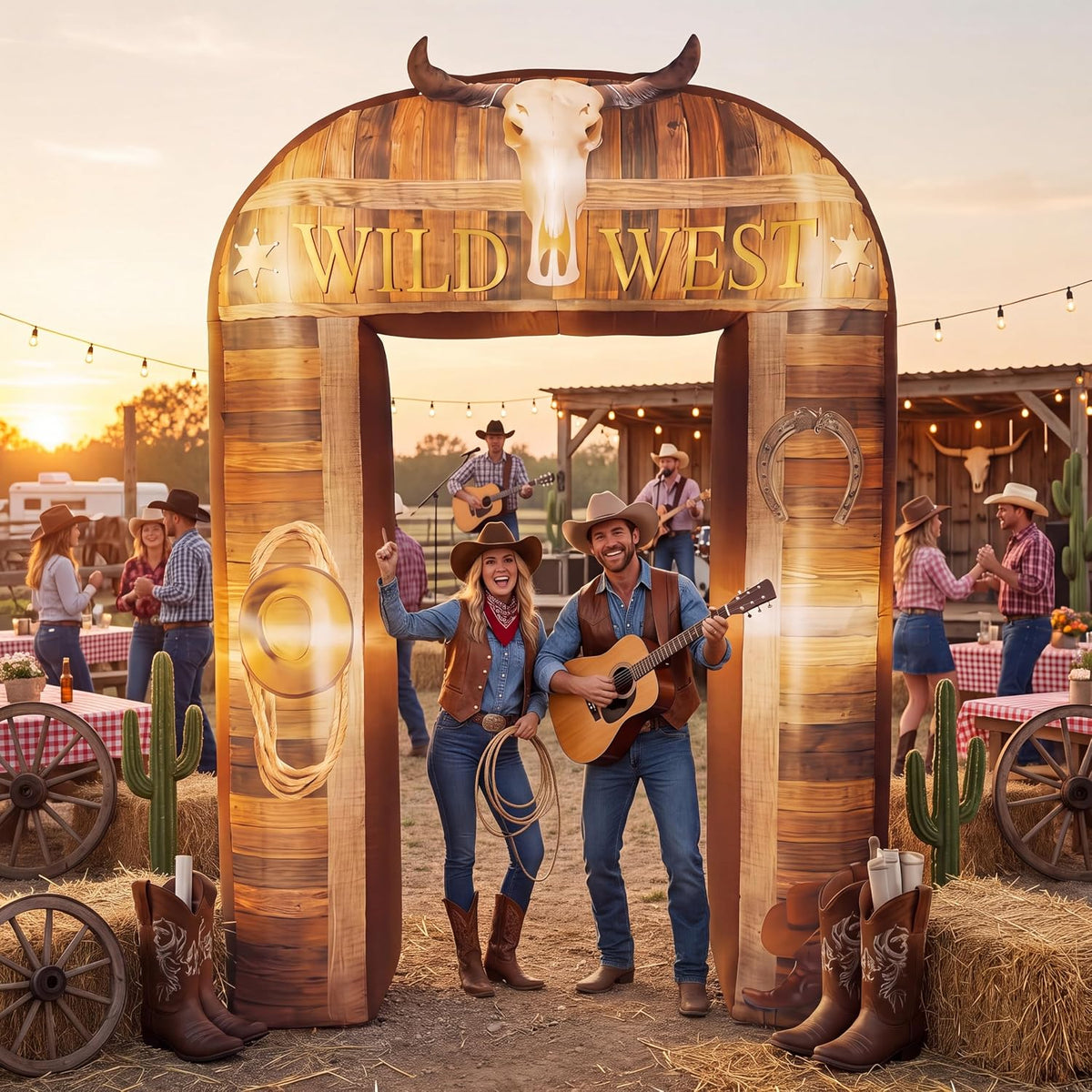 Wood-look Wild West arch inflatable with a longhorn skull at an outdoor western party
