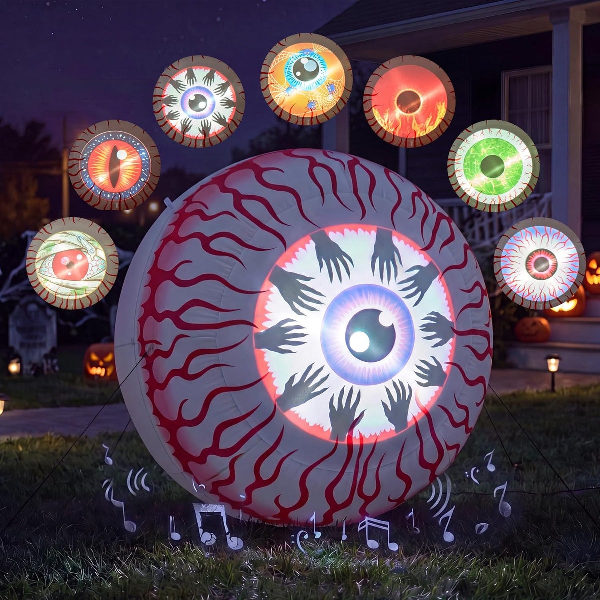 Giant bloodshot eyeball inflatable with a projected eye and several expression samples around it