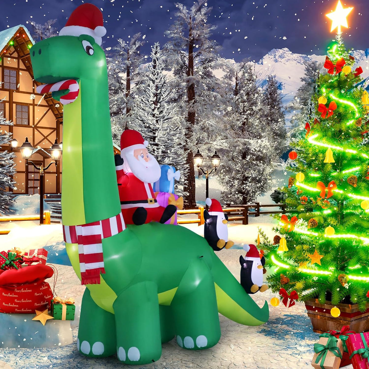Santa riding a tall green dinosaur in a Santa hat and scarf in a snowy yard
